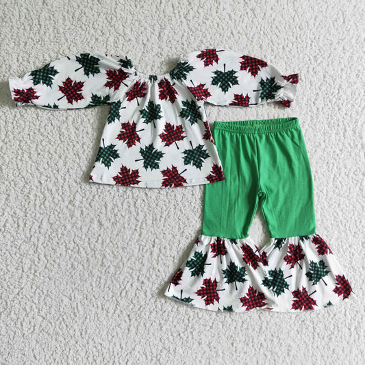 GLP0160 Girls Christmas red and green maple leaf long sleeve and trousers suit