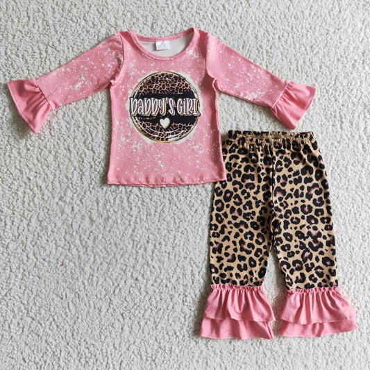 GLP0328 Girls Daddys GIRL pink long-sleeved leopard print trousers suit