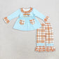 RTS NO MOQ Sibling milk silk Baby Girls Blue Pumpkin Ruffle Top and Plaid Ruffle Pants Set Long Sleeve Romper