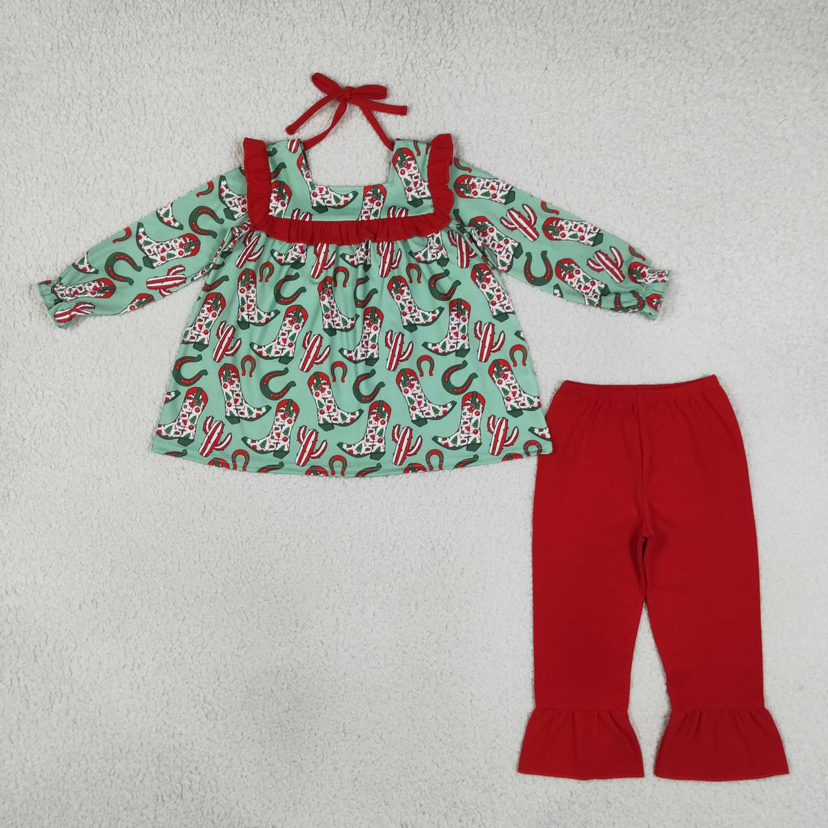 NEW RTS NO MOQ milk silk GLP2355 Baby Girls Trees Holly Boots Cactus Tunic Ruffle Pant Christmas Clothes Set