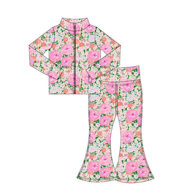 6.5GLP2436 Flower Zipper Yoga Suit Two-piece Set