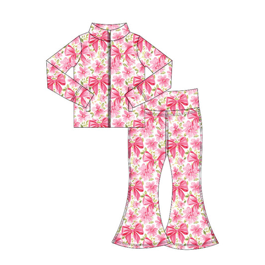 6.5GLP2437 Bowknot Flower Zipper Yoga Suit Two-piece Set