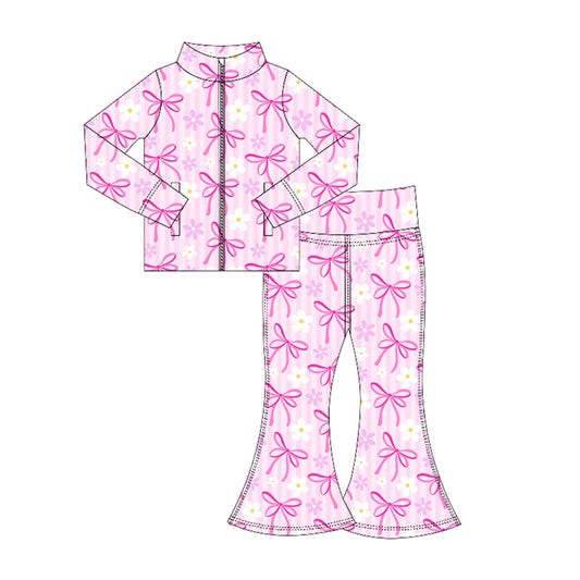 6.5GLP2438 Pink Bow Flower Zipper Yoga Suit Two-piece Set