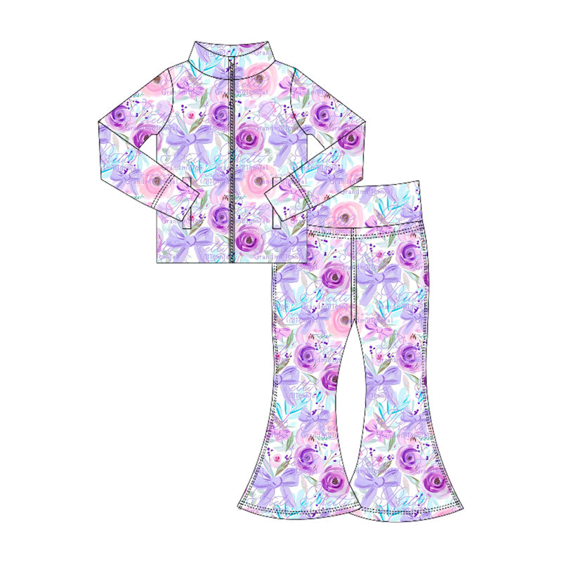6.5GLP2441 Purple Bowknot Flower Zipper Yoga Suit Two-piece Set