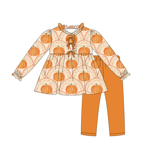 7.28GLP2617 Pumpkin Orange Bow Long Sleeve Suit