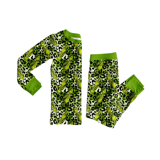 7.29GLP2634 Christmas leopard print green long-sleeved suit
