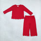 NEW RTS NO MOQ cotton GLP2964 Baby Girls Red Long Sleeve Top Pockets Pants Scallop Clothes Sets