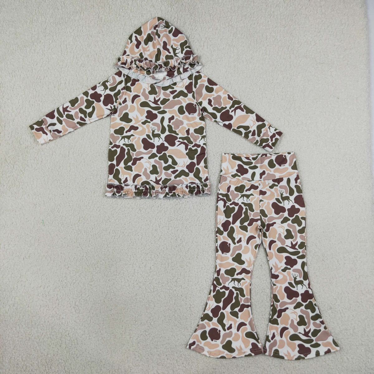 NEW RTS NO MOQ milk silk GLP3079 Baby Girls Ducks Deer Camo Ruffle Hoodies Bell Bottom Pants Hunting Clothes Sets