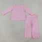 NEW RTS NO MOQ cotton GLP3291 Baby Girls Pink Solid Scallop Trim Long Sleeve Top And Pants Two Piece Pajama Set