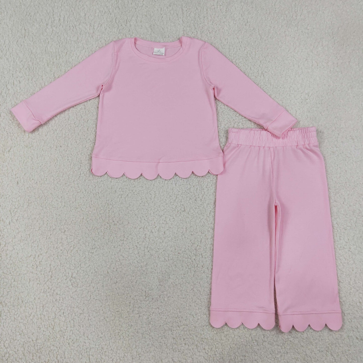 NEW RTS NO MOQ cotton GLP3291 Baby Girls Pink Solid Scallop Trim Long Sleeve Top And Pants Two Piece Pajama Set