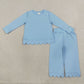 NEW RTS NO MOQ cotton GLP3292 Baby Girls Solid Light Blue Long Sleeve Top Scallop Trim Pants Pajamas Set