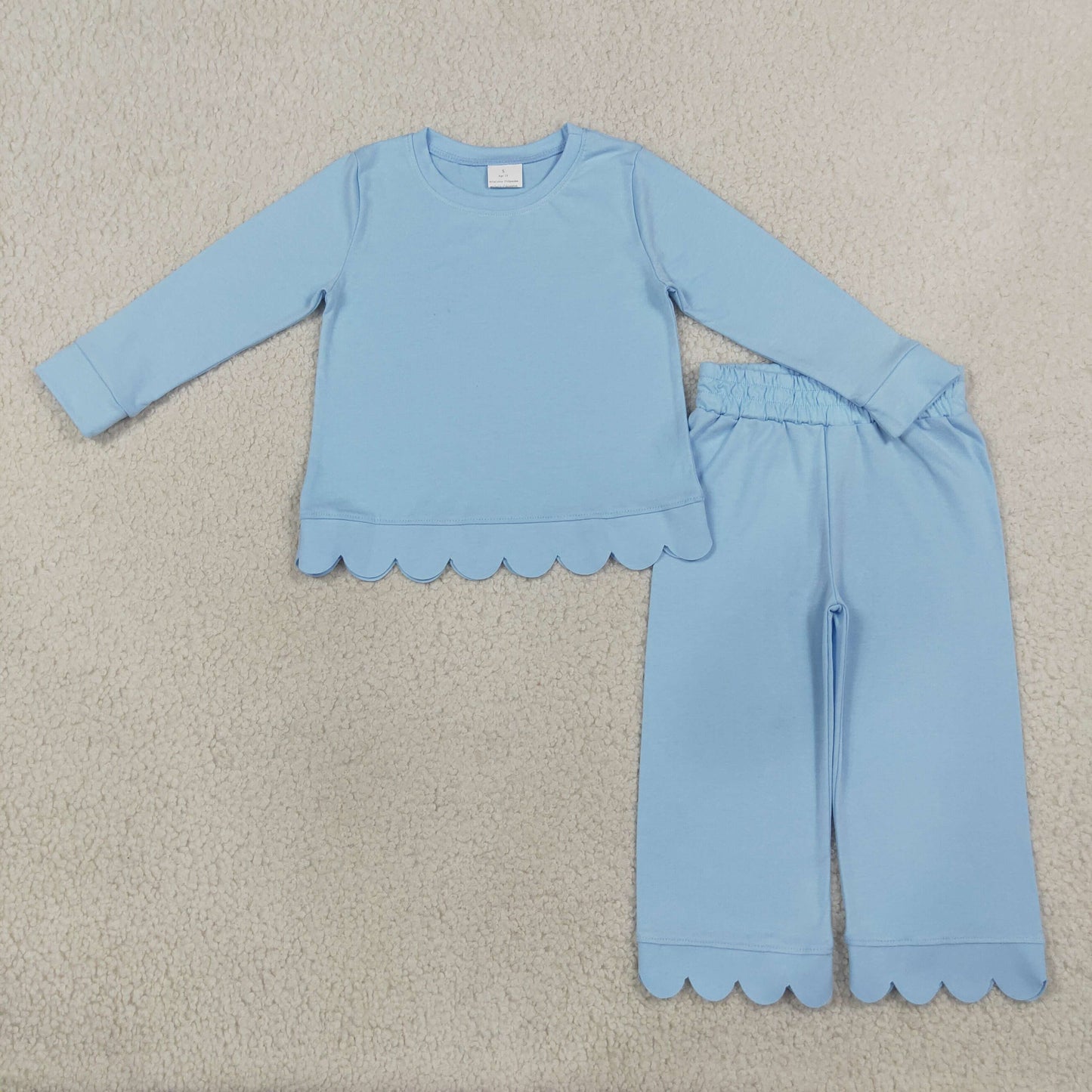 NEW RTS NO MOQ cotton GLP3292 Baby Girls Solid Light Blue Long Sleeve Top Scallop Trim Pants Pajamas Set