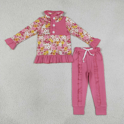 NEW RTS NO MOQ milk silk GLP3315 Baby Girls Colorful Floral Button Ruffle Pullover Jogger Pant Casual Outfit