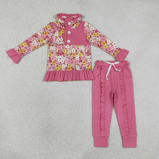 NEW RTS NO MOQ milk silk GLP3315 Baby Girls Colorful Floral Button Ruffle Pullover Jogger Pant Casual Outfit