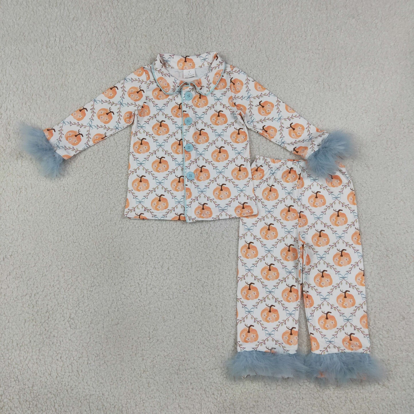 NEW RTS NO MOQ milk silk GLP3338  Baby Girls Floral Pumpkin Print Button Front Long Sleeve Top Elastic Waist Pants Fur Pajama Set