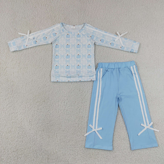 RTS NO MOQ milk silk GLP3351 Baby Girls Blue Bow Pumpkin Pocket Top Pants Holiday Set