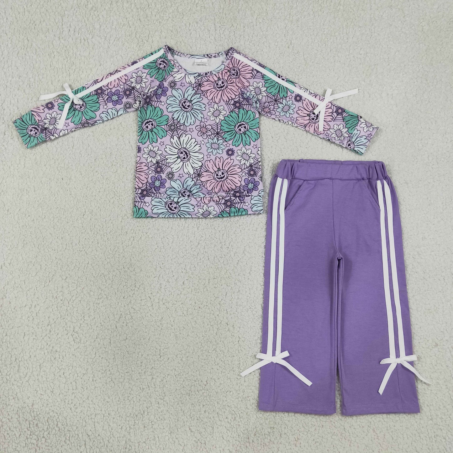 NEW RTS NO MOQ milk silk GLP3353 Baby Girls Ghost Pumpkins Flowers Top Pockets Bows Pant Halloween Clothes Sets