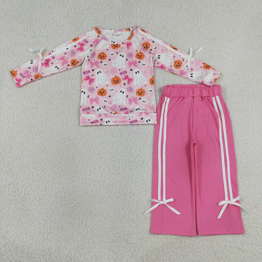 NEW RTS NO MOQ milk silk GLP3356 Baby Girls Ghost Pumpkin Pocket Long Sleeve Top Pants Clothes Set