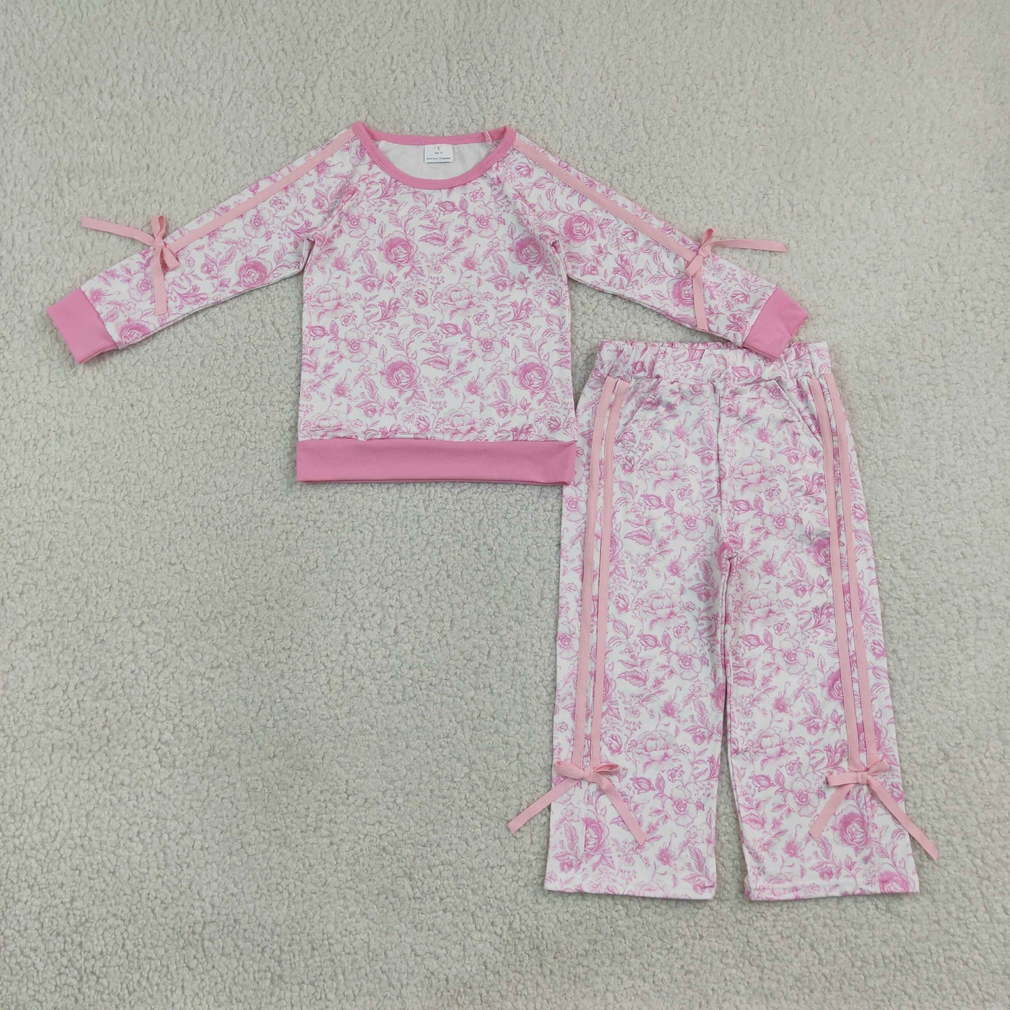 NEW RTS NO MOQ milk silk GLP3366 Baby Girls Pink Floral Print Long Sleeve Top Pockets Flare Pant Fall Outfit Set