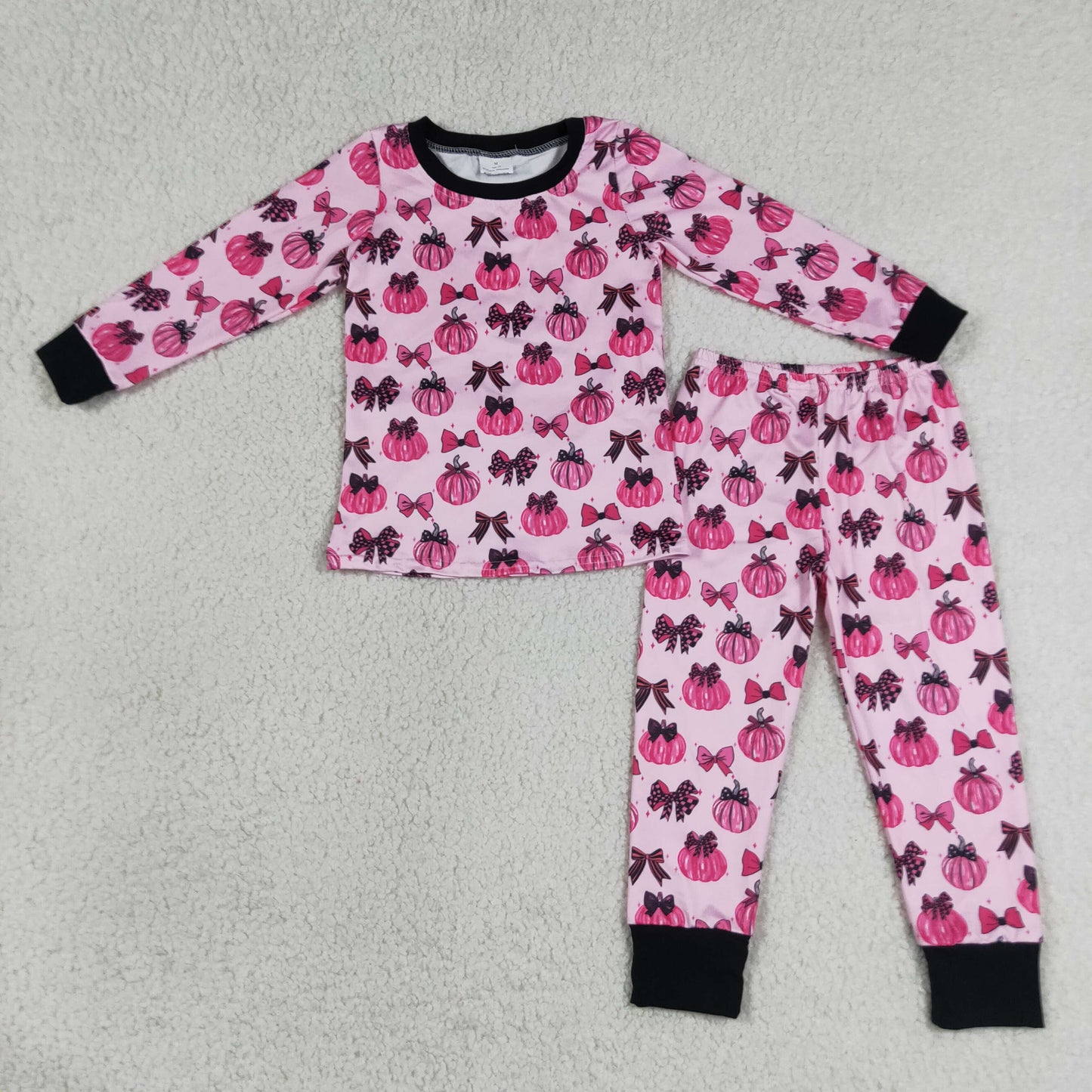 RTS NO MOQ milk silk GLP3375 Baby Girls Pink Bows Pumpkins Top Pant Fall Pajamas Sets