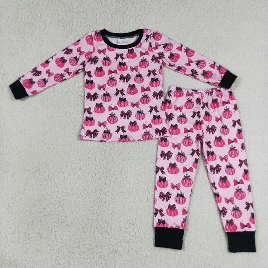 RTS NO MOQ milk silk GLP3375 Baby Girls Pink Bows Pumpkins Top Pant Fall Pajamas Sets