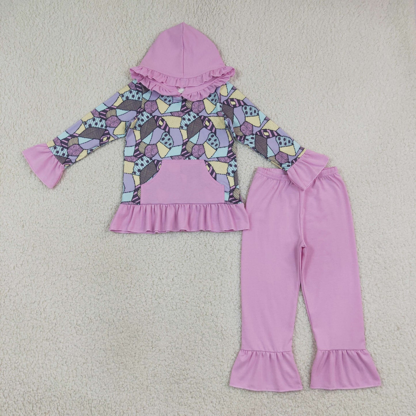 NEW RTS NO MOQ milk silk GLP3381 Baby Girls Halloween Magic Patchwork Pocket Hoodies Ruffle Pant Cloths Sets