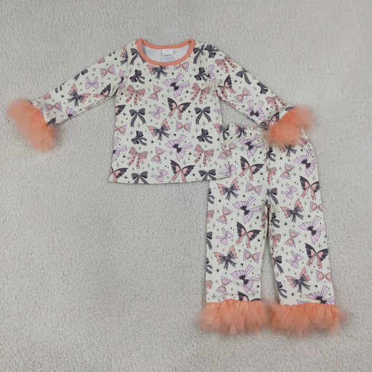 NEW RTS NO MOQ milk silk GLP3386 Baby Girls Halloween Colorful Bow Printed Sleeve Top Pants Pajama Set
