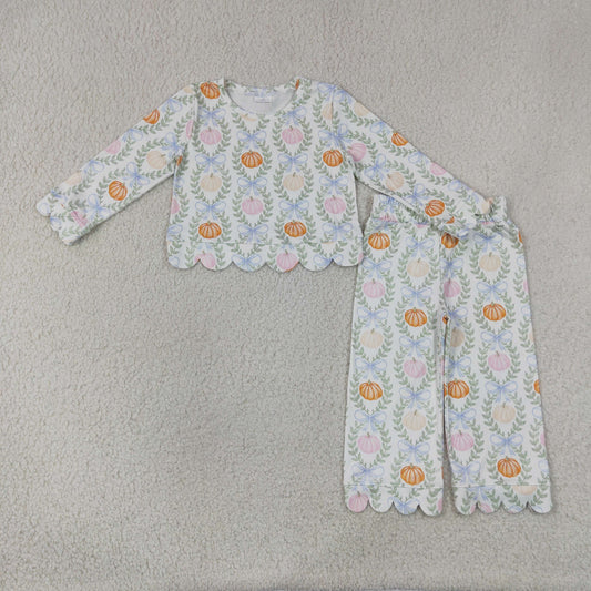 NEW RTS NO MOQ milk silk GLP3395 Baby Girls Checked Colorful Pumpkin Long Sleeve Top Scallop Edge Flare Pant Holiday Set