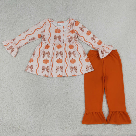 NEW RTS NO MOQ milk silk GLP3396 Baby Girls Pumpkin Bow Button Tunic Long Sleeve Ruffle Pants Halloween Clothes Sets