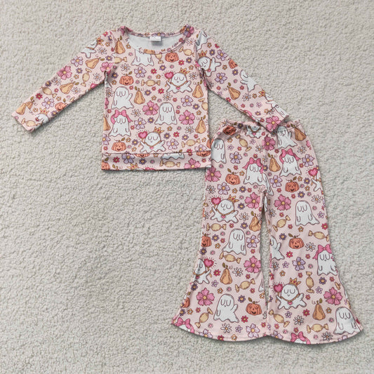 NEW RTS NO MOQ milk silk GLP3400 Baby Girls Floral Ghost Halloween Shirt Top Pant Set
