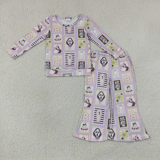NEW RTS NO MOQ milk silk GLP3402 Baby Girls Spider Ghosts Checked Shirt Flare Pant Halloween Clothes Sets