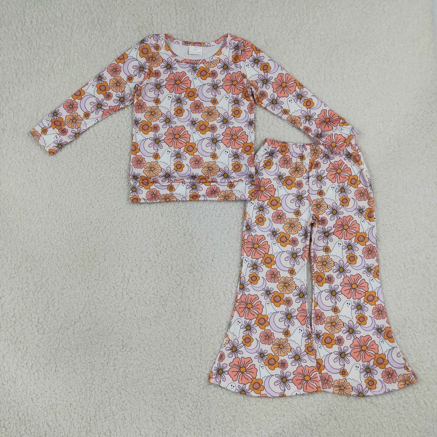 NEW RTS NO MOQ milk silk GLP3404 Baby Girls Spooky Ghost Flower Top Flare Pants Halloween Matching Clothes Sets