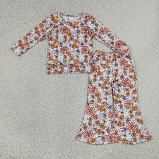 NEW RTS NO MOQ milk silk GLP3404 Baby Girls Spooky Ghost Flower Top Flare Pants Halloween Matching Clothes Sets