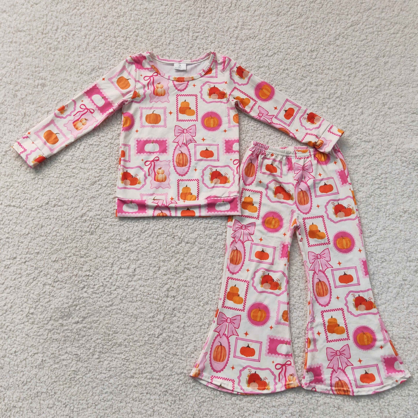 RTS NO MOQ milk silk GLP3405 Baby Girls Bows Pumpkins Checked Top Flare Pant Fall Clothes Sets