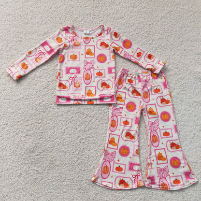 RTS NO MOQ Sibling milk silk Baby Girls Bows Pumpkins Checked Top Flare Pant Fall Clothes Sets