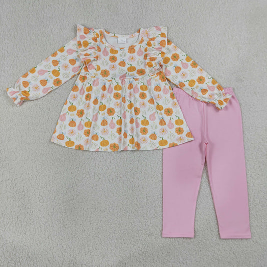 NEW RTS NO MOQ milk silk GLP3408 Baby Girls Pumpkin Plaid Print Long Sleeve Button Tunic Top Leggings Two Piece Outfit Sets