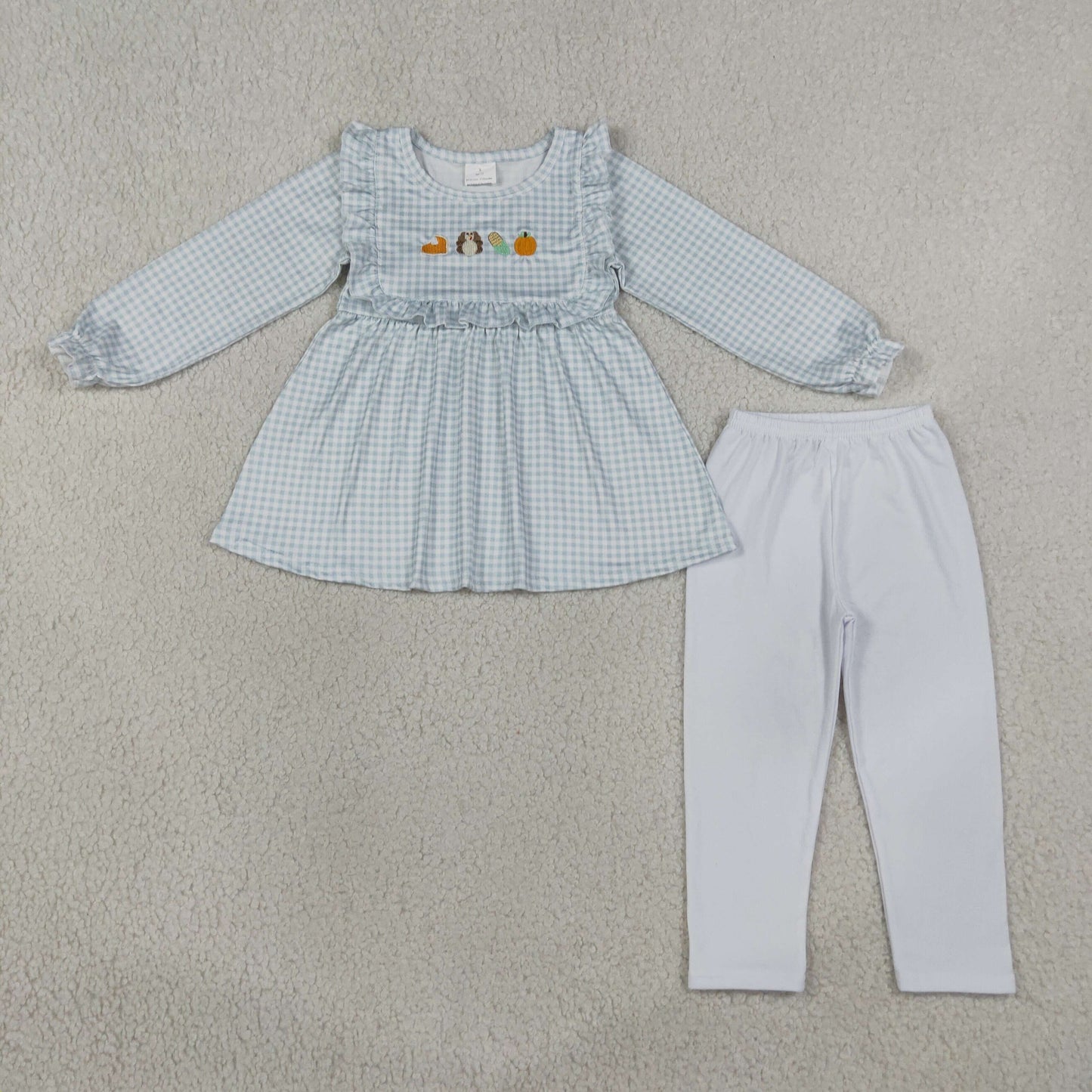 RTS NO MOQ milk silk GLP3409 Embroidery Turkey Pumpkins Baby Girls Tunic Leggings Thanksgivings Set