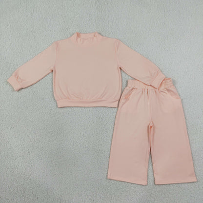 RTS NO MOQ Sibling cotton Baby Girls High Neck Solid Ruffle Mock Neck Long Sleeve Top And Wide Leg Pant Outfit Set（副本）