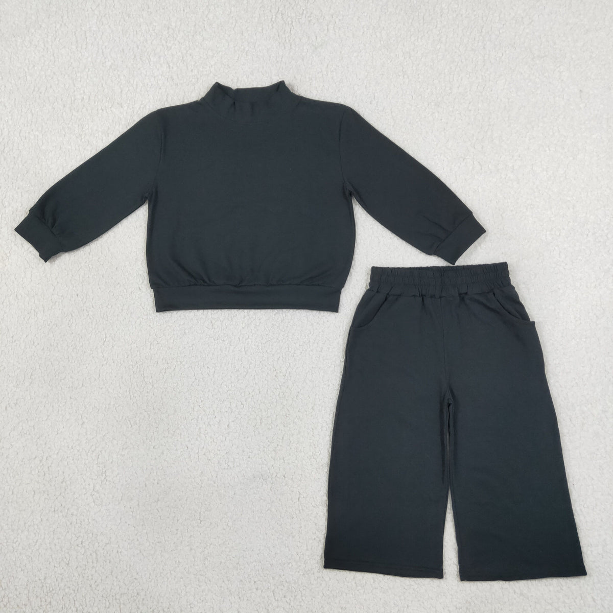 NEW RTS NO MOQ milk silk GLP3411 Baby Girls Black Long Sleeve Top Pockets Flare Pant Pajamas Clothes Sets