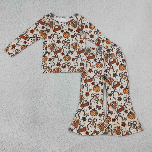 NEW RTS NO MOQ milk silk GLP3420 Baby Girls Turkey Pumpkin Long Sleeve Top Flare Bell Pants Outfit