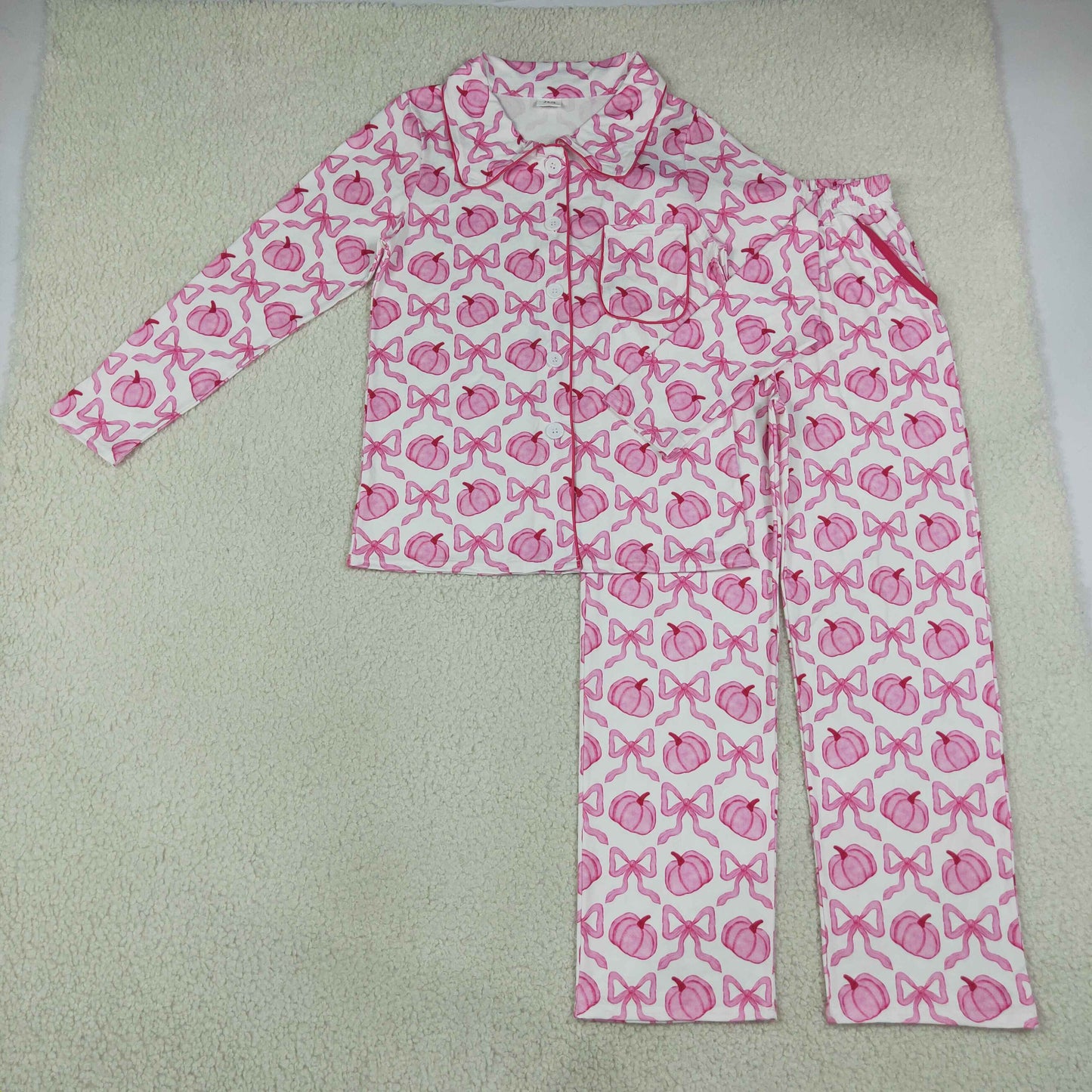 NEW RTS NO MOQ milk silk GLP3423 Adult Women Bows Pumpkins Button Top Pockets Pant Fall Pajamas Sets