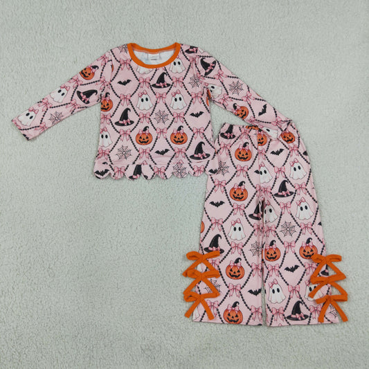 NEW RTS NO MOQ milk silk GLP3434 Baby Girls Ghost Pumpkins Scallop Top Bows Pants Halloween Clothes Set