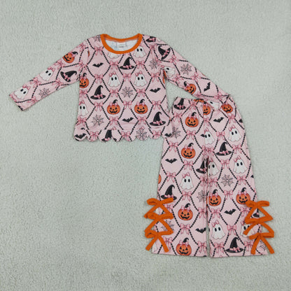 RTS NO MOQ Sibling milk silk Baby Girls Pumpkins Stripe Scallop Top Bows Pants Halloween Clothes Set