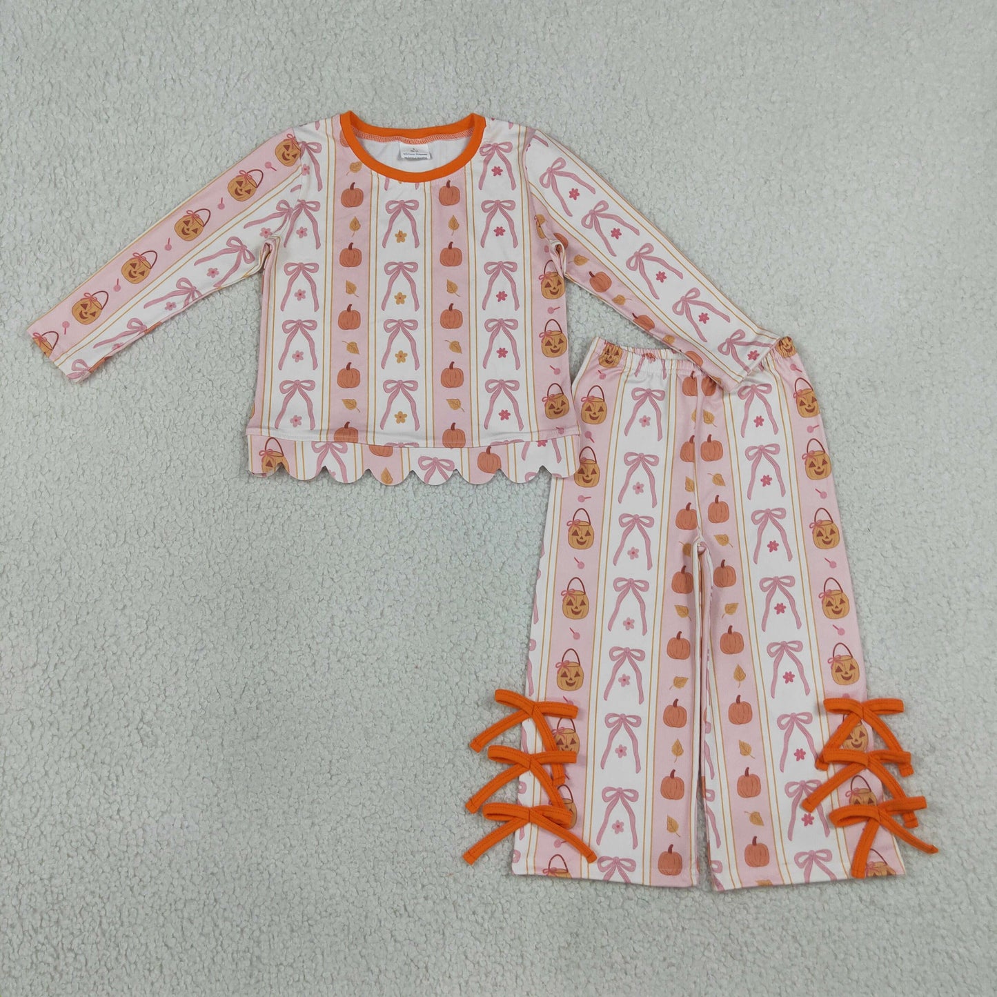 NEW RTS NO MOQ milk silk GLP3436 Baby Girls Bows Pumpkins Stripe Scallop Top Bows Pants Fall Clothes Set