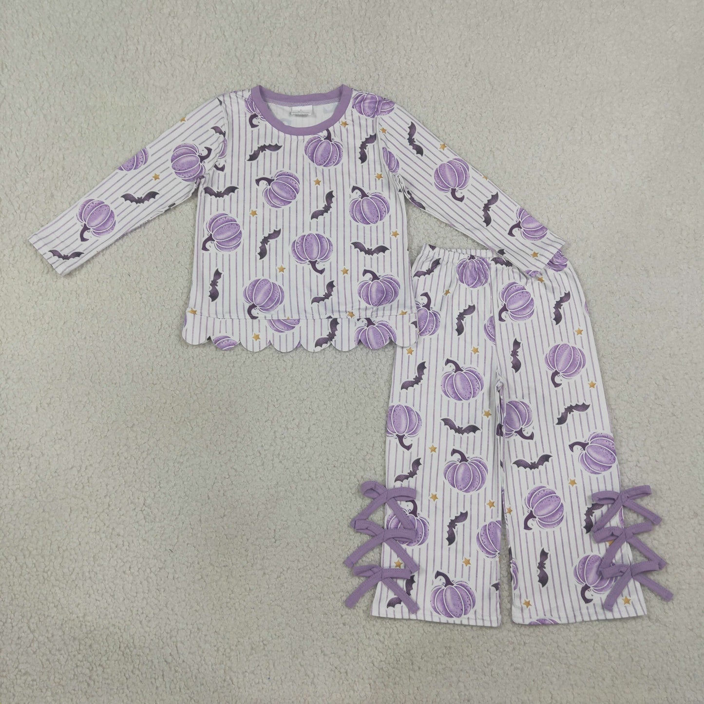 RTS NO MOQ Sibling milk silk Baby Girls Pumpkins Stripe Scallop Top Bows Pants Halloween Clothes Set