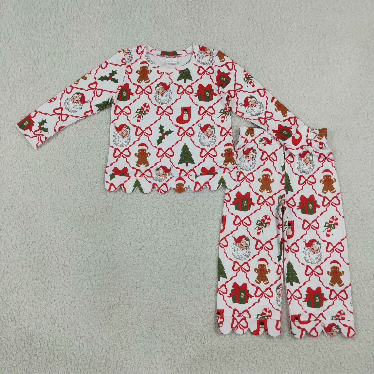 NEW RTS NO MOQ milk silk GLP3447 Baby Girls Santa Trees Bows Checked Top Flare Pant Christmas Scallop Clothes Sets