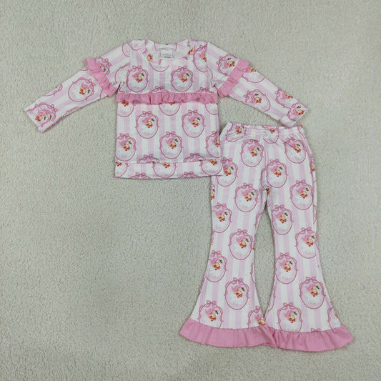 NEW RTS NO MOQ milk silk GLP3450 Baby Girls Pink Bow Santa Stripe Print Long Sleeve Top Bell Bottom Flare Pants Christmas Clothes Set
