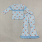 NEW RTS NO MOQ milk silk GLP3451 Baby Girls Blue Bow Santa Stripe Print Long Sleeve Top Bell Bottom Flare Pants Christmas Set
