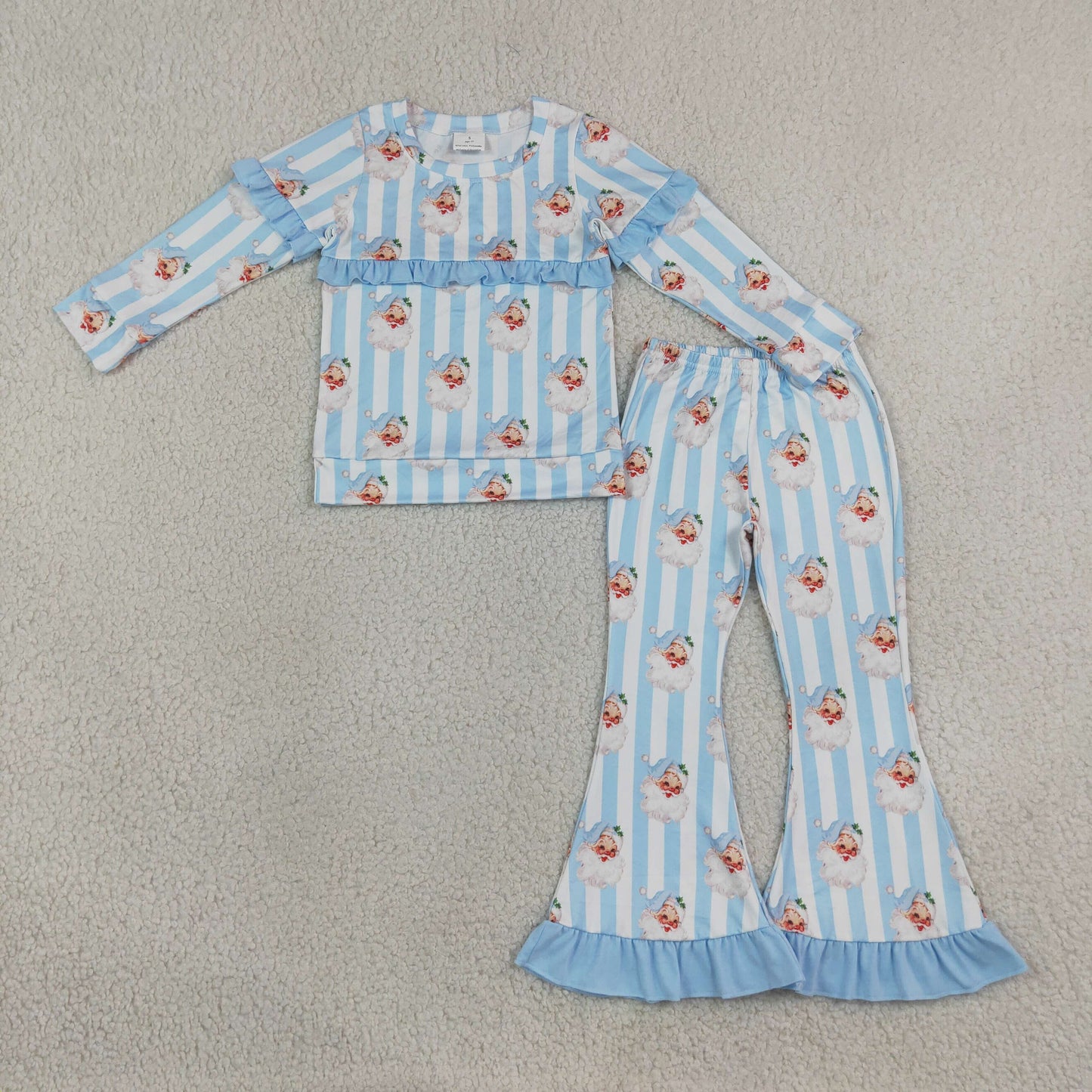 NEW RTS NO MOQ milk silk GLP3451 Baby Girls Blue Bow Santa Stripe Print Long Sleeve Top Bell Bottom Flare Pants Christmas Set