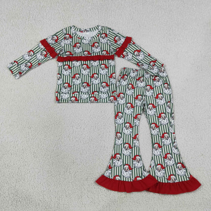 RTS NO MOQ Sibling milk silk Baby Girls Santa Green Stripe Pockets Top Bell Bottom Pant Christmas Clothes Sets